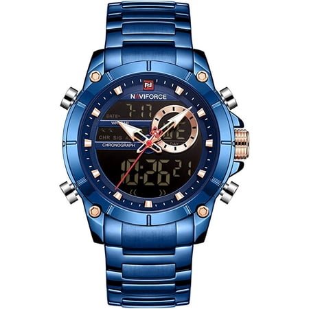 NAVIFORCE Stainless Steel Analog Digital Watch Waterproof Sports Quartz Multifunctional