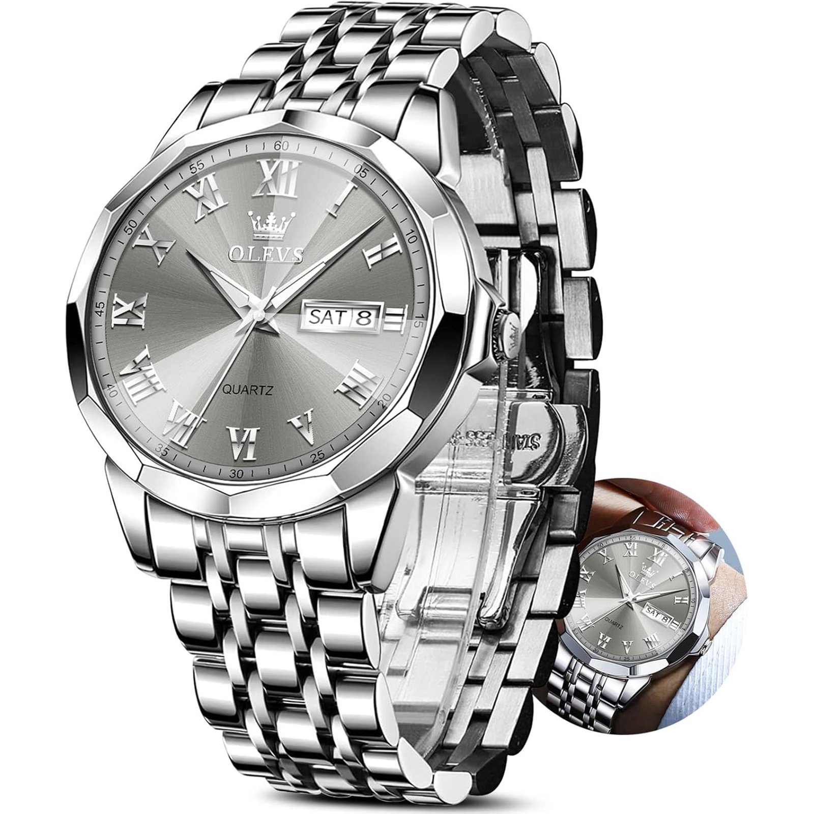 OLEVS Classic Men's Stainless Steel Watch with Date, Black