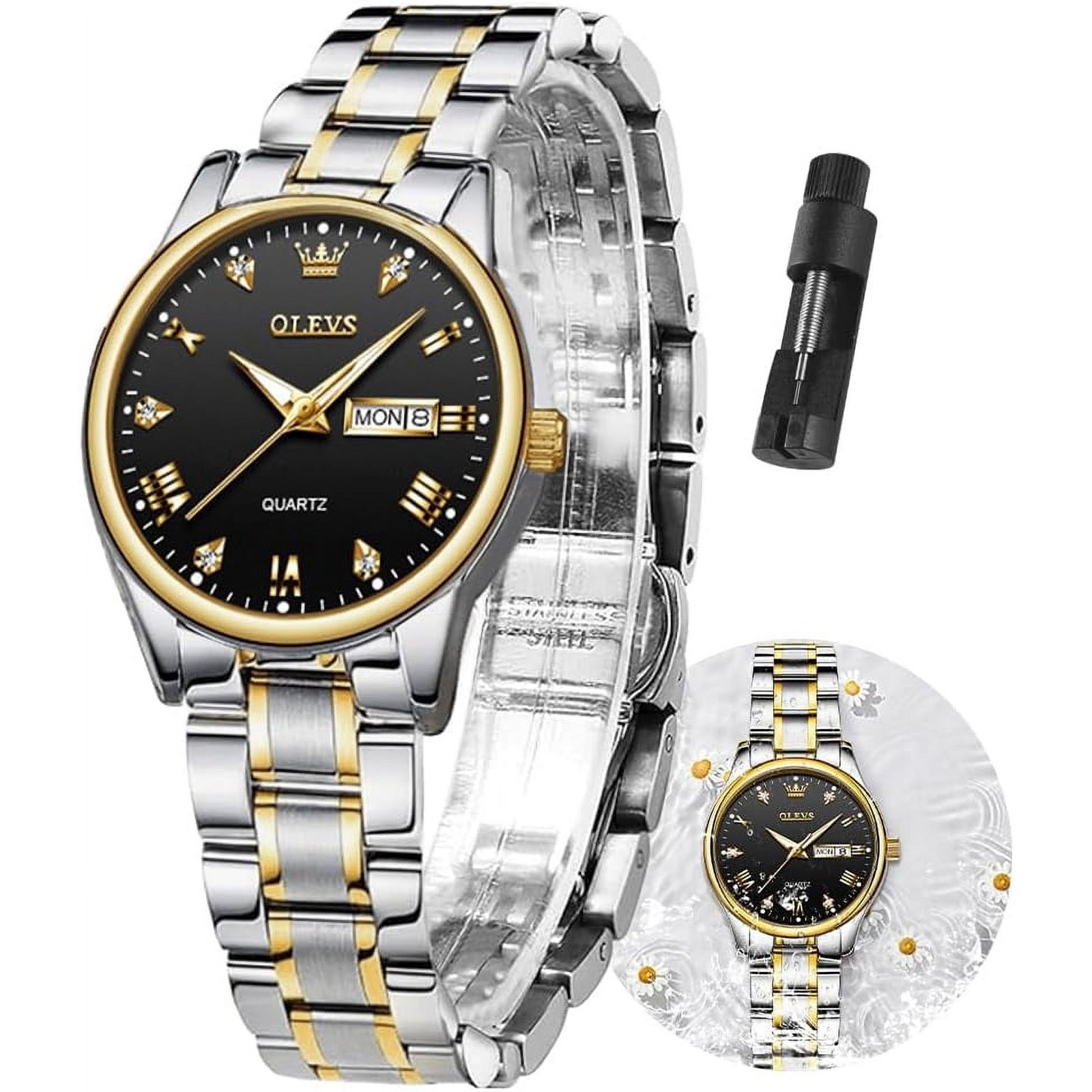 OLEVS Women's Quartz Watch, Black Dial and Steel Bracelet