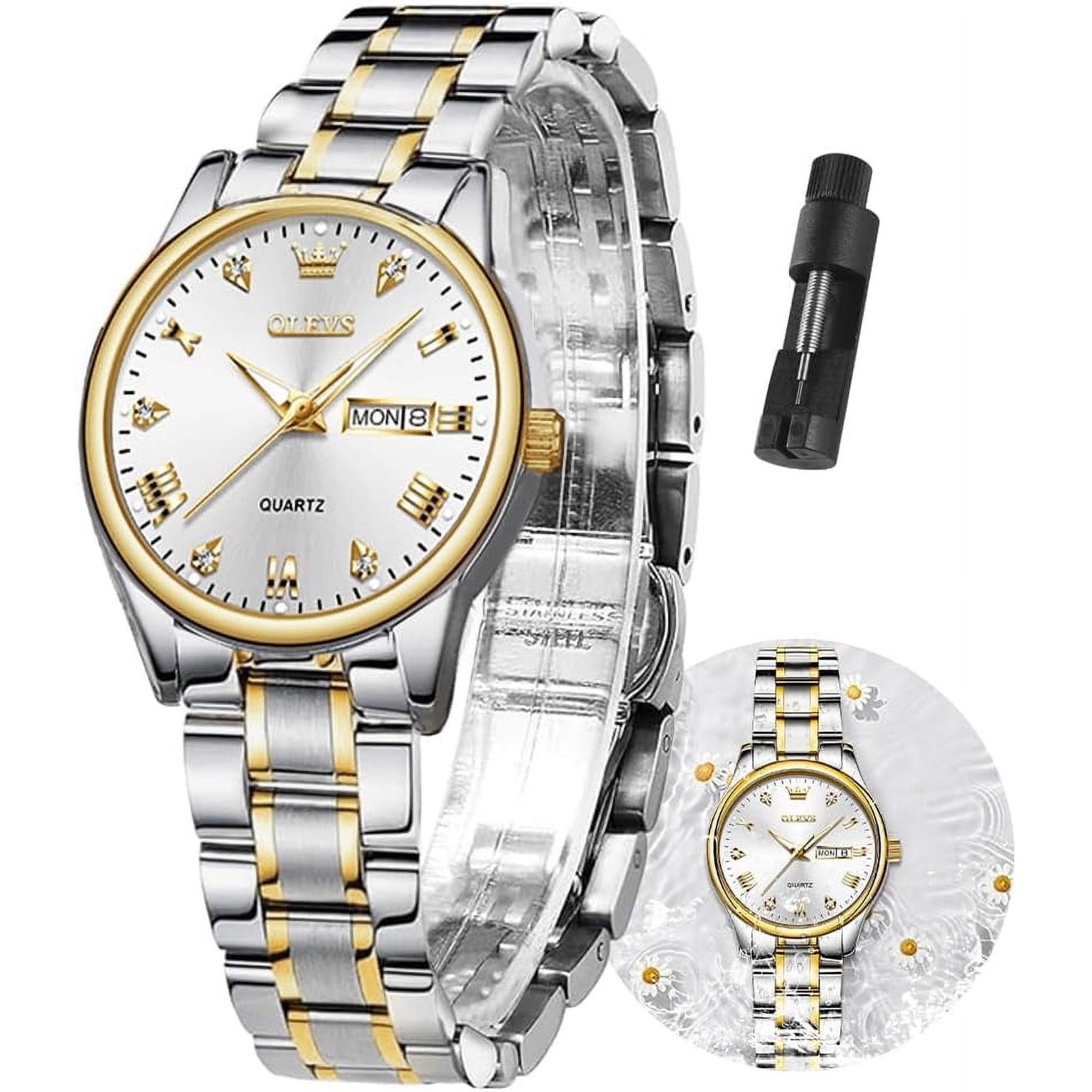 OLEVS Women's Two-Tone Stainless Steel Watch, White Dial