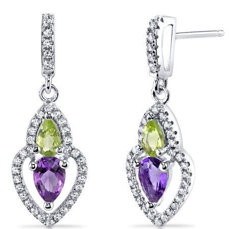 Peora Amethyst and Peridot Dangle Earrings in Sterling Silver Teardrop Halo Pe
