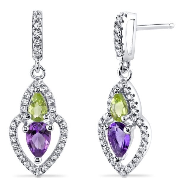 Peora Amethyst and Peridot Halo Dangle Earrings in Sterling Silver