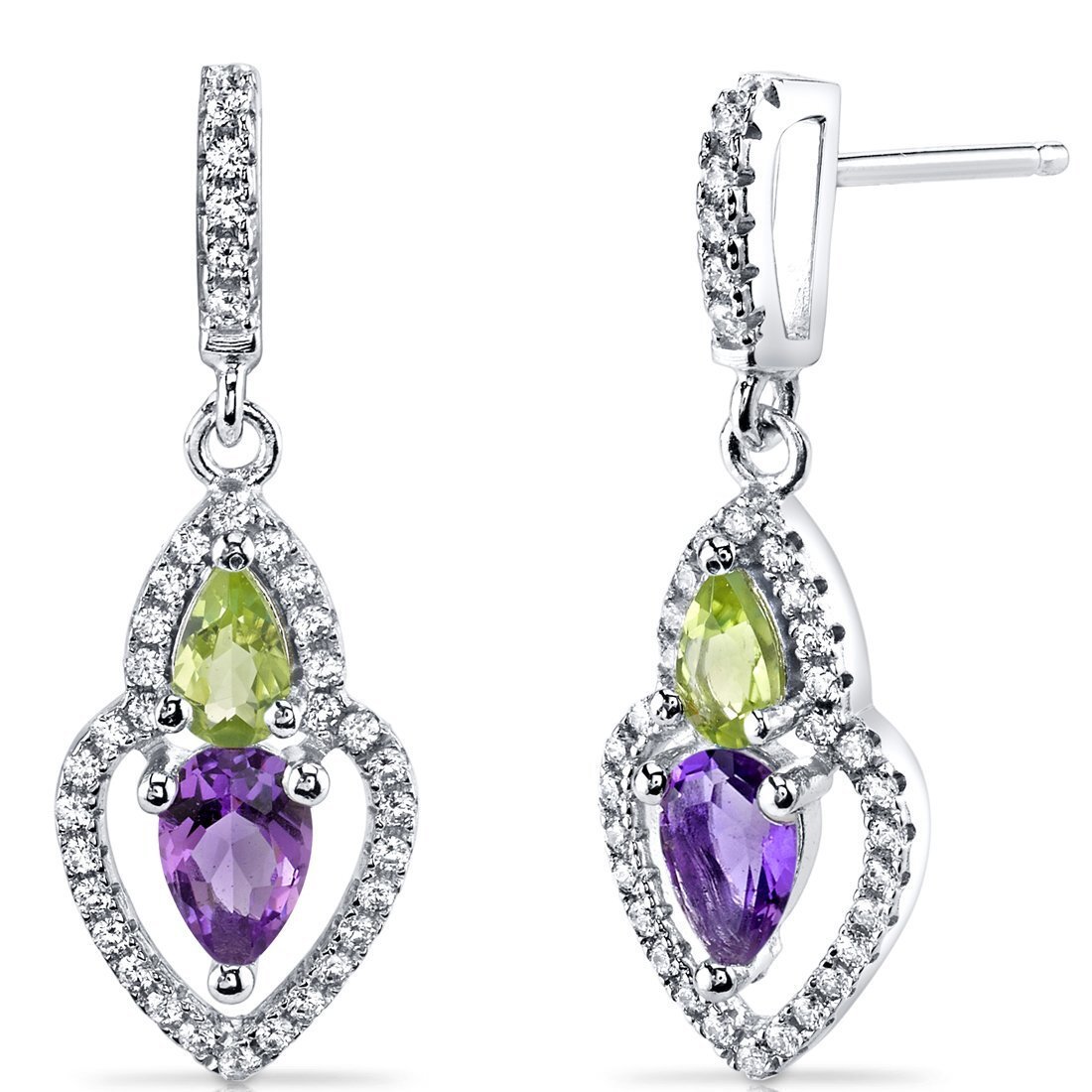 Peora Amethyst and Peridot Halo Dangle Earrings in Sterling Silver