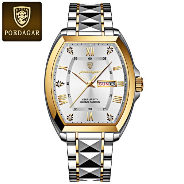 POEDAGAR Men's Quartz Watch with Day and Date, Steel Bracelet