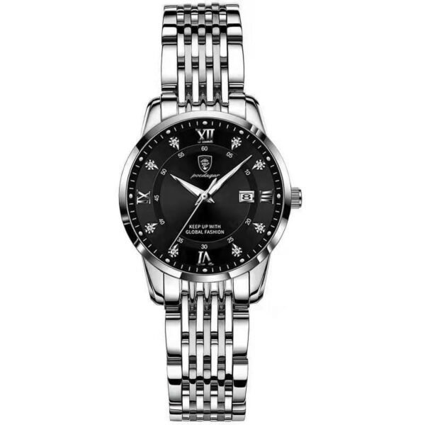 POEDAGAR Women's Quartz Watch, Black Stainless Steel