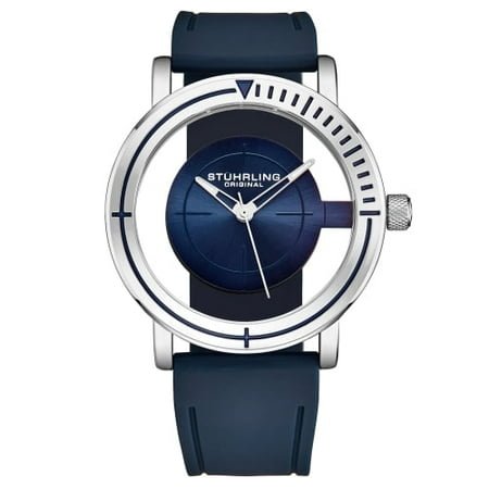 Stuhrling 3915 01 Aviator Quartz Semi Transparent Dial Blue Rubber Men's Watch